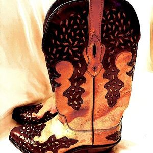 ENC Old West 7&1/2 cut out dark brown on light tan cowboy snip toe boots!
